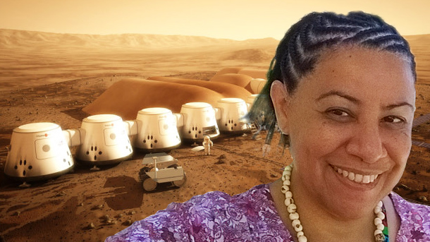 Fotomontagem mostra a professora Sandra Silva sobre ilustração de como virão a ser as instalações do projeto Mars One, cuja proposta é enviar à Marte seis grupos com quatro pessoas a cada seis anos