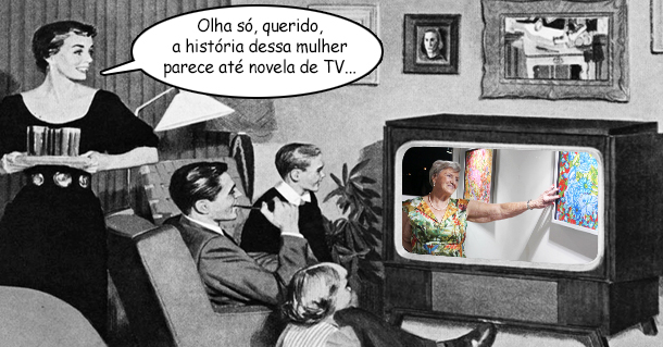 Fotomontagem mostra Therezinha Brandolim de Souza (na TV, à direita), 84, apontando para um de seus quadros