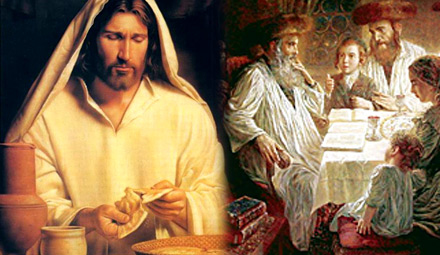 À esquerda, Cristo repartindo o pão; à direita, cerimônia judaica de Pessach